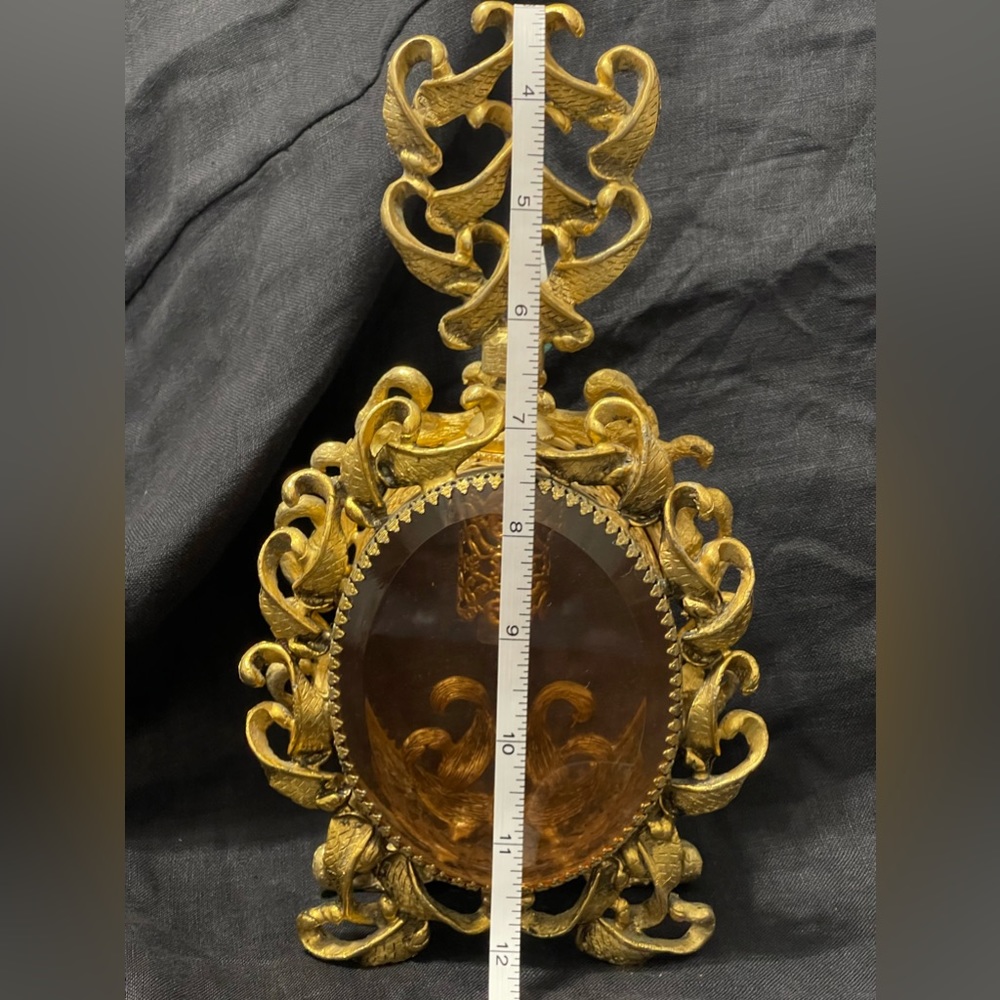 VTG. ORMOLU HOLLYWOOD REGENCY
AMBER BEVELED GLASS FILIGREE
PERFUME BOTTLE 10"x5"